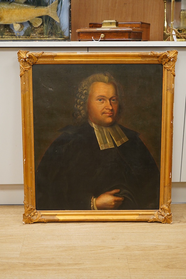 19th century, portrait of a clerical gentleman, inscribed verso ‘Joh Behon, nat a 1738, denat 1818, depict a 1769 of …?’, oil on canvas, 74 x 64cm